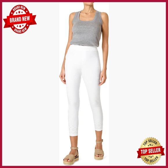 Pants - Embroidered Eyelet Hem Denim Skimmer Leggings, Pull-On Waistband, Stretch